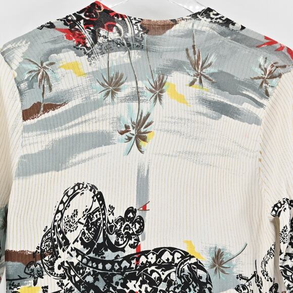 Vtg ALBERTO MAKALI Cardigan Womens Sz L Ivory Tropical Print V Neck Full Zip Y2k - Picture 9 of 10